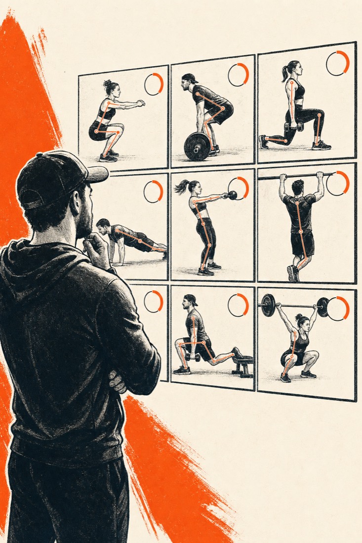 Illustration of a coach reviewing a wall of client clips