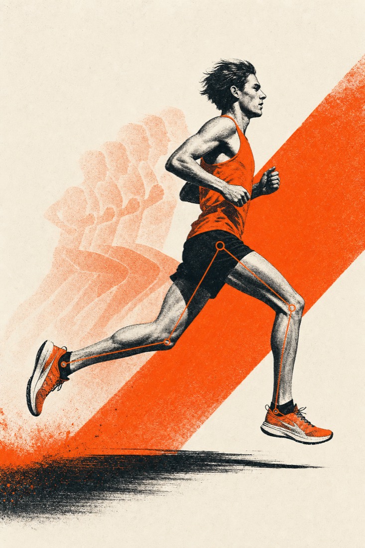 Illustration of a runner mid-stride with gait overlay lines