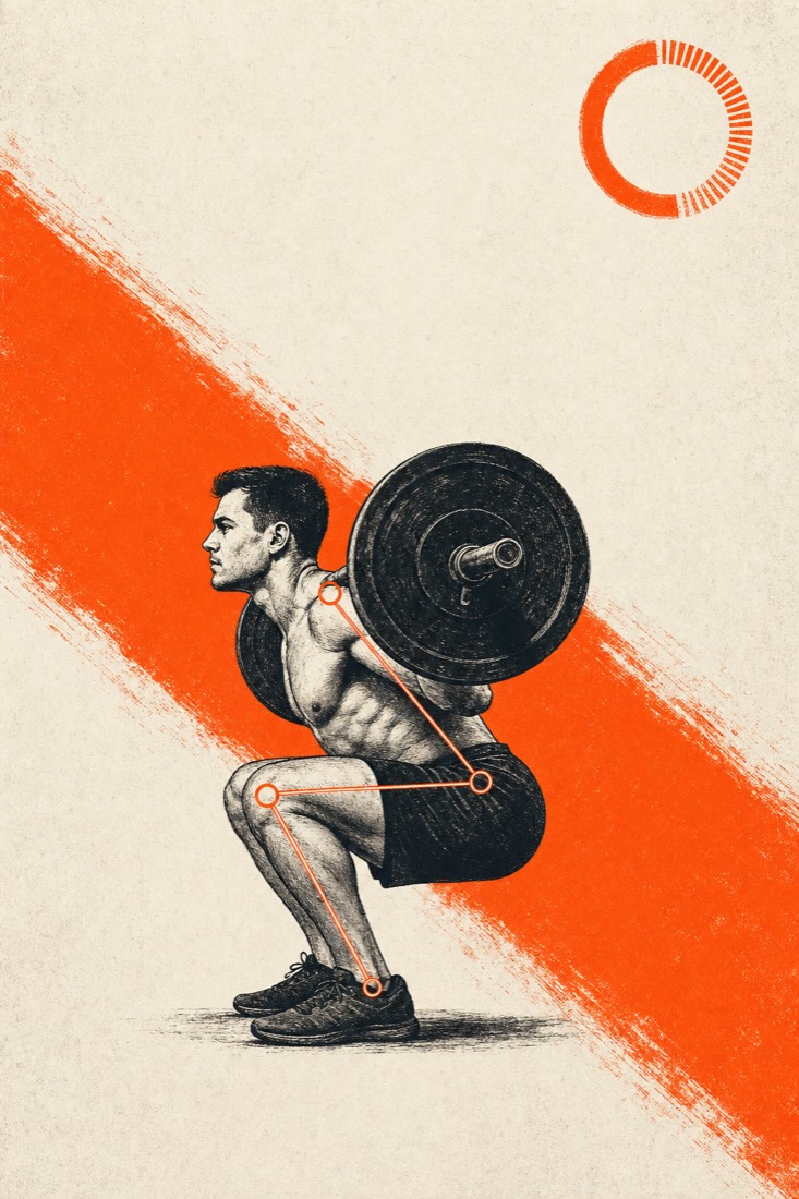 Illustration of a lifter squatting with skeletal joint-angle overlays